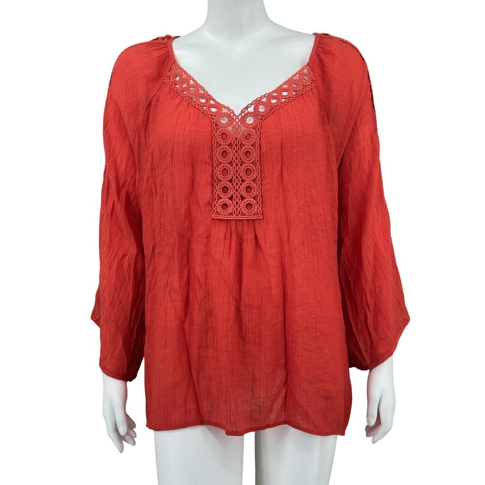 Zac & Rachel Top Womens 2X Rust Orange Sheer Crochet Boho Peasant Summer Beachy